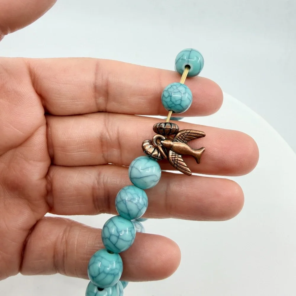 VTG Y2K Faux Turquoise Beaded Stretch Bracelet Copper Tone Bird Charm Boho Retro